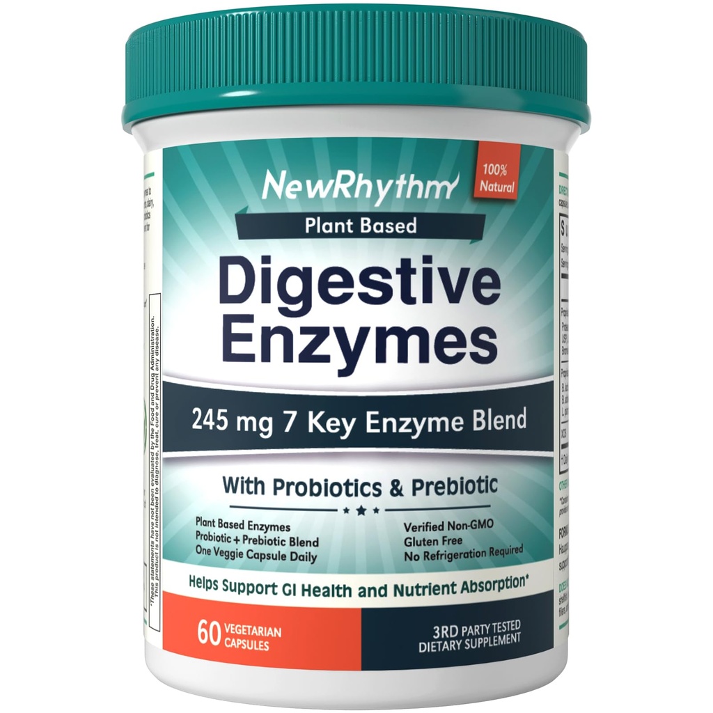 NewRhythm Digestive Enzymes 245 mg, con Probiotics and Prebiotics, Plant Based, 7 Key Enzymes, Digestion, Nutrient Absorption, Protease Amylase & Lipase, 60 Vegan Capsules
