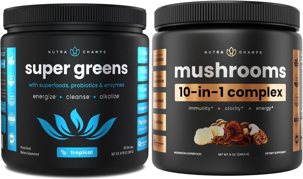 NutraChamps Super Greens Tropical &amp; Super Mushrooms: Ultimate Brain, Gut & Body Boost