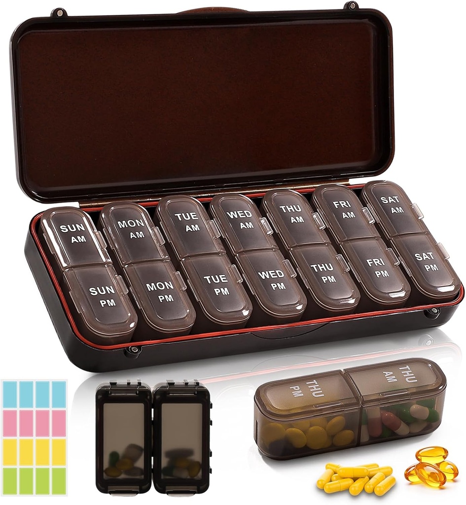 Organizador semanal de píldoras 2 veces al día + 2 kit de organizadores de píldoras desmontables - PM Organizador de píldoras de viaje para la medicina de vitaminas Suplemento aceite de pescado, Brown Daily Pill Caso 2 veces al día