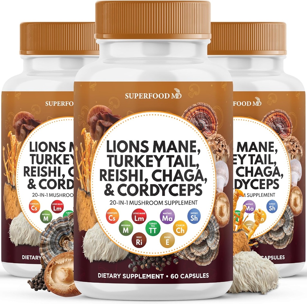 León Mane Mushroom Suplemento con Turquía Tail Reishi Cordyceps Chaga con Marshmallow Root - 180 Conde