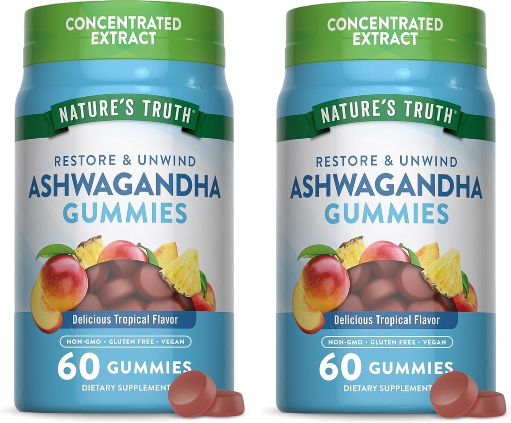 Verdad de la naturaleza Ashwagandha Gummies ← 60 Gummies de sabor tropical viv Vegan, Non-GMO, " Gluten Free Supplement