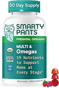 SmartyPants Organic Prenatal Vitamins for Women, Multivitamin Gummies: Biotin, Methylfolate, Omega 3 (ALA), Vitamina D3, C, Vitamina B12, B6, A, K2 &amp; Zinc, Choline, Vegetarian, 120 Cuenta (30 Day Supply)