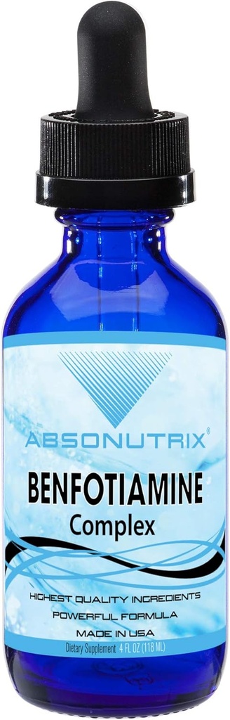 Complejo de Absonutrix Benfotiamine 300 mg, 4 Fl Oz Bottle, 200 Servings, Alta Bioavailabilidad, Ingredientes de Potente, Absorción Rápida, Libre de Cruelidad, No GMO, Tested de Terceros, Certificado GMP, Made in USA