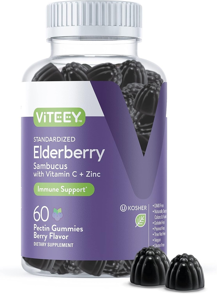 Viteey Sambucus Elderberry Gummies para adultos – Elderberry Vitamina C y Zinc Immunity Gummies - Vegan, Gluten-Free – 60 Condes