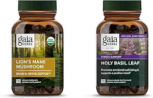 Gaia Herbs Lion’s Mane Mushroom - Ayuda a mantener la salud neurológica - 120 Vegan Liquid Phyto-Capsules & Holy Basil Leaf - Ayuda a mantener una mentalidad positiva y equilibrio en tiempos de estrés - 120 Vegan Li