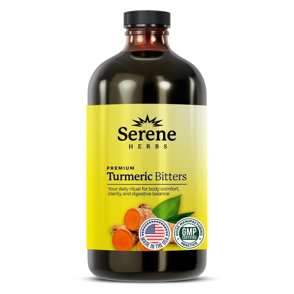 Serene Herbs Liquid Turmeric with Black Pepper - Turmeric Shots Curcumin Supplement 1000mg Extra Strength Herbal Drink, Digestive Bitters for Bloating Relief, Joint Health, Energy & Clarity - 16oz