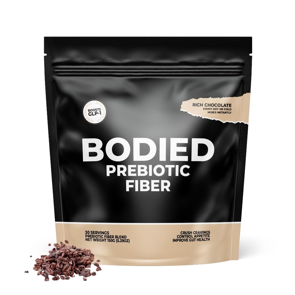 BODIED Fiber Cocoa PREBIOTIC - Chocolate Flavored - Boost GLP-1, Psyllium Husk, SolNul, Gut Health, Digestion & Immunity, Zero Añadido Sugar, Keto, Paleo Fasting Friendly 30 Servings.