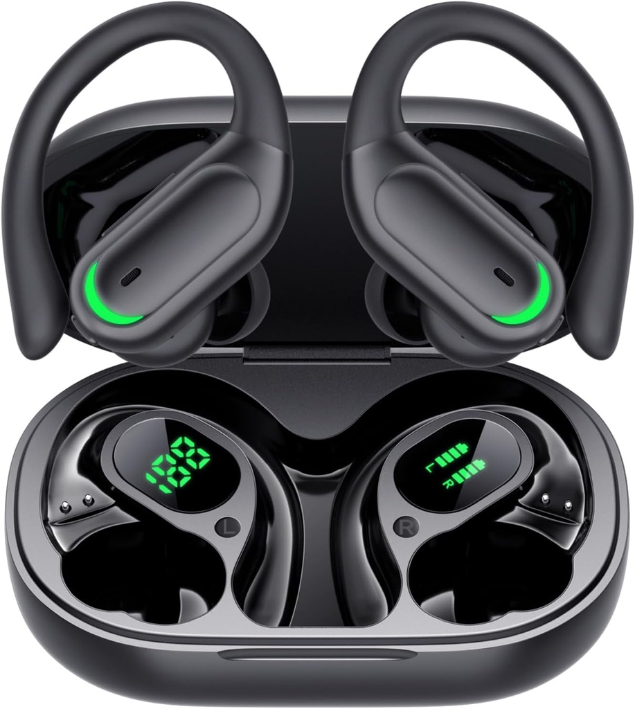 Árbulos inalámbricos Bluetooth 5.4 Auriculares, 96hrs Tiempo de reproducción, Pantalla LED de caja de carga inalámbrica, Auriculares de oído, Cancelación de ruido ENC, Sonido Hi-Fi, IP7 impermeable, para ejercicios deportivos (Deep Black)