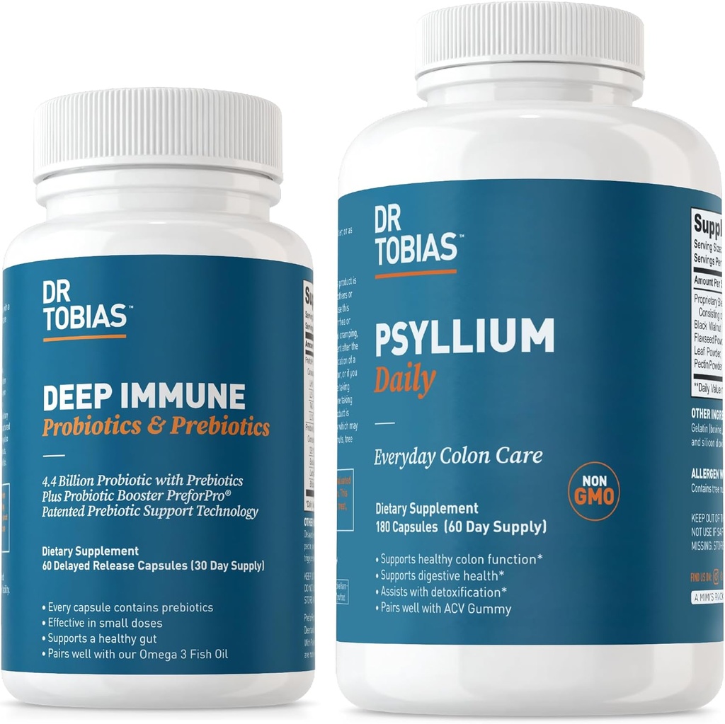 Dr. Tobias Deep Immune Probiotics & Prebiotics and Psyllium Daily, Supports Digestive Health, Gut Immune Function, Daily Fiber Supplement in Support of Colon Health with 4.4. Billion CFU