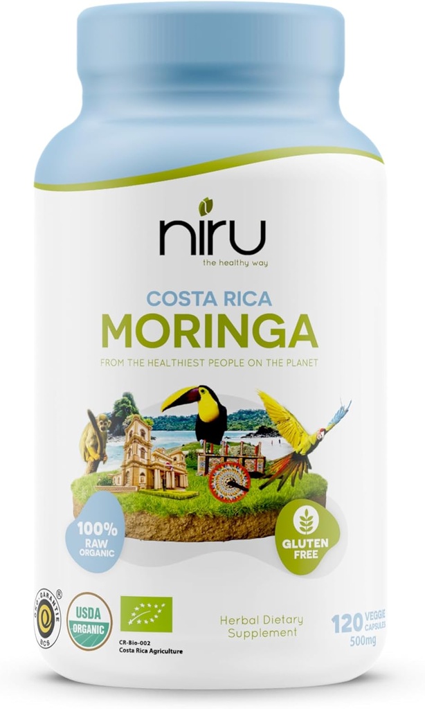 Niru Life Blue Zone Moringa Capsules de Costa Rica, Energía 100% Orgánica, Metabolismo & Immune Support, 120 Capsules, 500mg