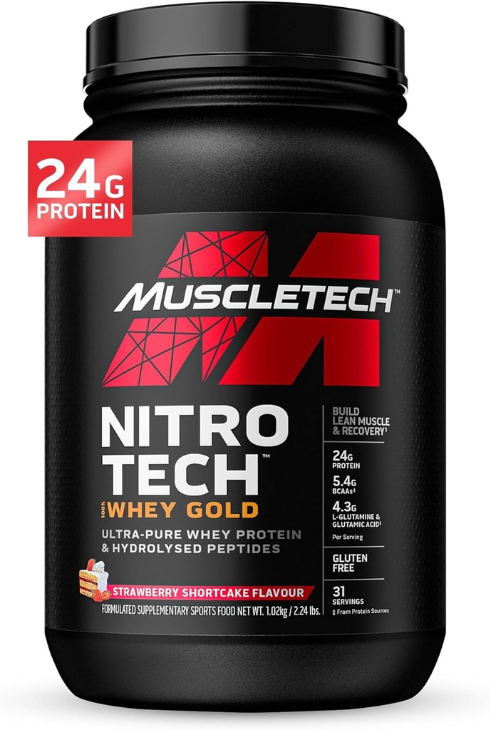 Whey Protein Powder , MuscleTech Nitro-Tech Whey Gold Protein Powder , Whey Protein Isolate Smoothie Mix , Protein Powder para Hombres , Strawberry Protein Powder, 2 lbs (28 Serv)-package varies