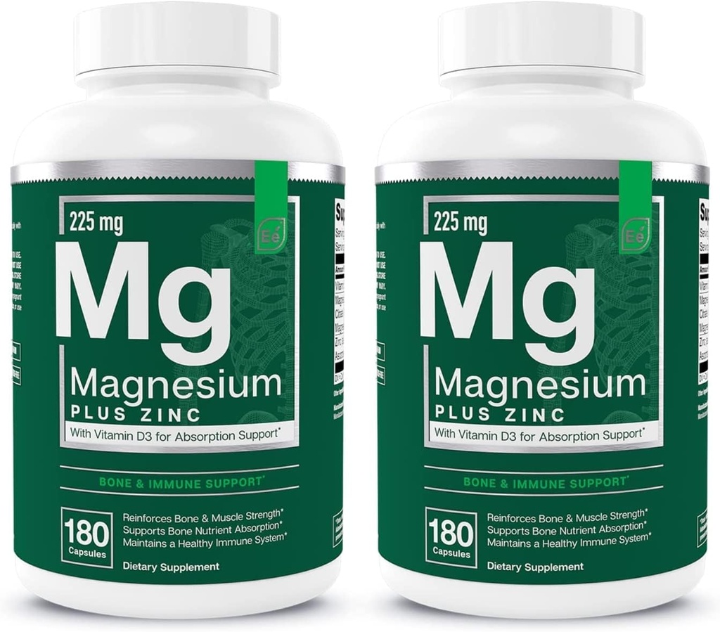 Elementos esenciales Magnesium Plus Zinc con Vitamina D3 ← CorazÃ3n Formulado Científicamente, Bono &amp; Muscle Support TEN 225mg Complejo de Magnesio Triple-Fortaleza con Glycinate, Malate, Citrate TEN 360 Con