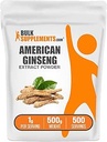BulkSupplements.com American Ginseng Extract Powder - Ginseng Supplement, Herbal Supplements - Gluten Free, 1g per Serving, 500g (1.1 lbs) (Pack of 1)