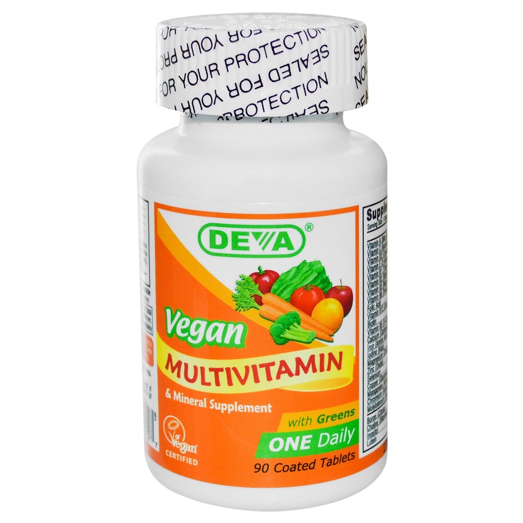 Deva Vegan Multivitamina y Suplemento Mineral - Fórmula Una vez por Día con Verdes - Vitaminas A, C, D, E, Complejo B, Fórmula de alta potencia para la salud diaria y el bienestar- 90 Tablas Coadas, 1-Pack