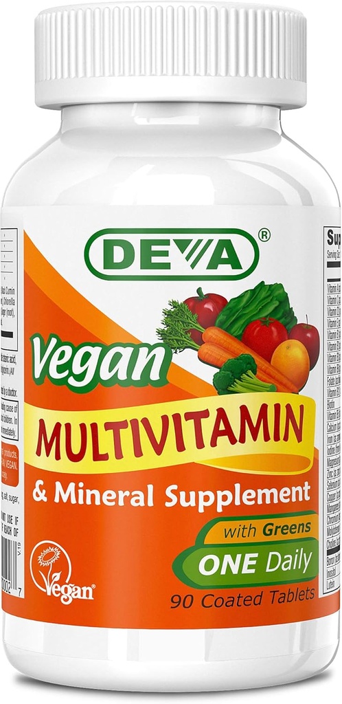 Deva Vegan Multivitamina y Suplemento Mineral - Fórmula Una vez por Día con Verdes - Vitaminas A, C, D, E, Complejo B, Fórmula de alta potencia para la salud diaria y el bienestar- 90 Tablas Coadas, 1-Pack