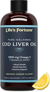 Aceite de Vida de la Fortuna Cod Liver Liquid Organic Lemon Flavor (8 Oz) 1000 mg Omega + Vitamina A, E &amp; D3 - Soporta la Salud Inmunitaria - 100% Fish Oil Suplemento de Wild Ocean Cod-GMO Gratis