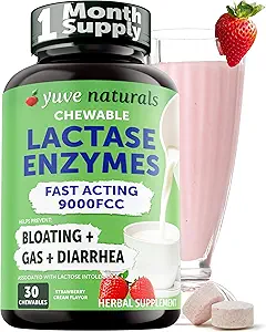 Yuve Natural Fast Acting Dairy Relief Delicious Chewables - Lactase Enzyme 9000 FCC - Di adiós a Dairy Discomfort de Lactose Intolerance - Strawberry Cream Flavor - 30ct