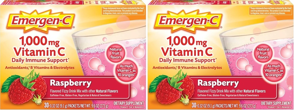 Emergen-C (30 Count, Raspberry Flavor, 1 Month Supply Dietary Supplement Fizzy Drink Mix with 1000mg Vitamin C, 0.32 Ounce Packets, Caffeine Free (Pack of 2)
