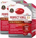 LABO Nutrition Perfect Krill EX, 1000mg Aceite de Krill Antártico Omega 3 EPA DHA, Phospholipids más elevados (más del 56%) con Choline, Astaxanthin ← Heart Brain Eye Joint Health, Made in USA, 60 softgelsX2