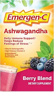 Emergen-C Vitamina C Ashwagandha Bebida Mix, Suplemento dietético para Apoyo Inmunitario, Berry Blend, Volver a Esenciales Escolares - 18 Cuenta