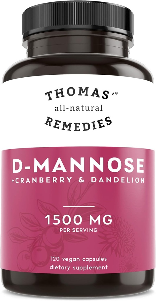 Remedios totalmente naturales de Thomas D-mannose 1200mg - con arándano y dandelión - Natural Urinary Tract y UTI Health Support - Mejores cápsulas de humedad - NO rellenos, All-Natural, Vegan - 120 cápsulas