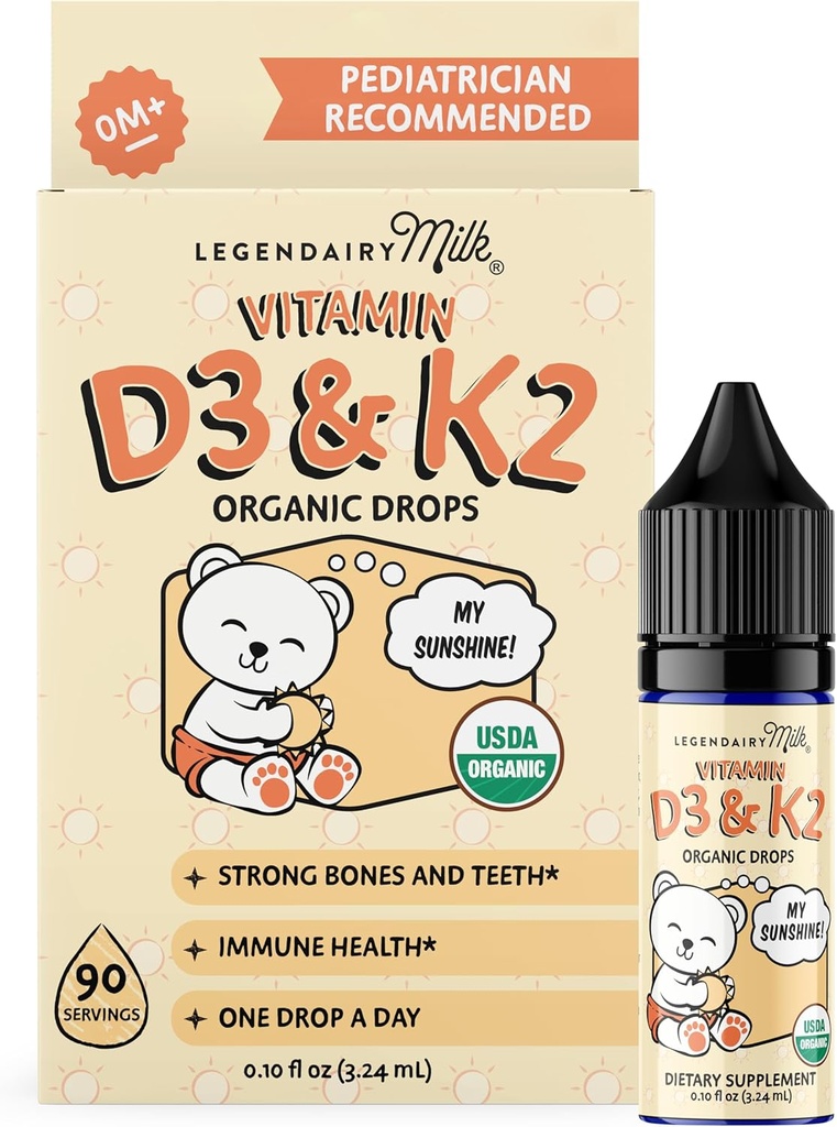 Legendairy Milk Organic Baby Vitamin D3 K2 Liquid Drops, 400 UI de Baby Vitamin D Drops for Infants - Vitamina D para recién nacidos, niños pequeños y niños - Vegan, 90 Servings