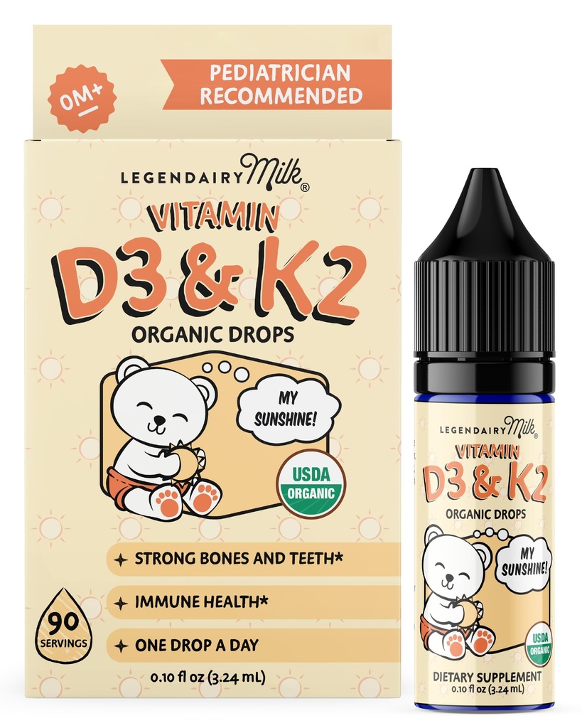 Legendairy Milk Vitamin D Drops for Infants, Organic Baby Vitamin D3 K2 Liquid 400 IU, Vegan for Newborns Toddlers & Kids, Childrens Supplement for Strong Bones & Teeth, Sugar Free, 90 Servings