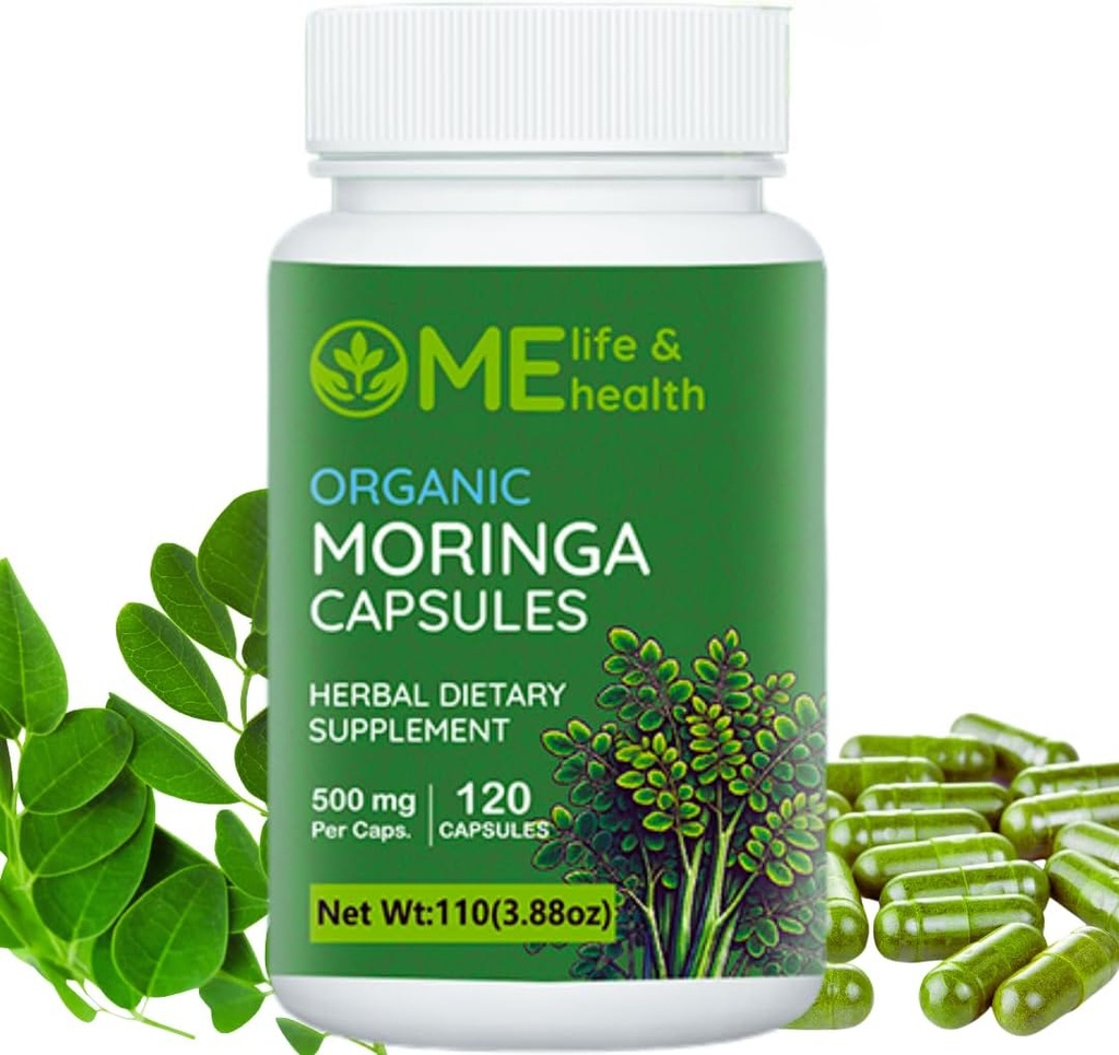 ME LIFE & HEALTH Moringa Capsules, 100% Orgánica Moringa oleifera Leaf, Pura Moringa Powder, mmune System, Vitaminas Esenciales & Aminoácidos No GMO &amp; Gluten Gratis, Puro &amp; Natural 120 ct. 500mg caps
