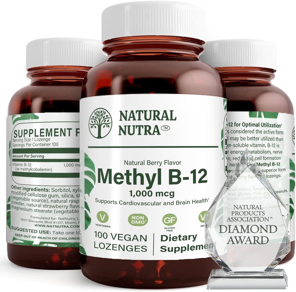 Natural Nutra Vegan Metil B12 1000mcg, Heart Health and Energy Booster Suplemento, Gluten Free, Support Energy Transformation, Enhance Immune Response, Help Brain Function, 100 Vegan Lozenges