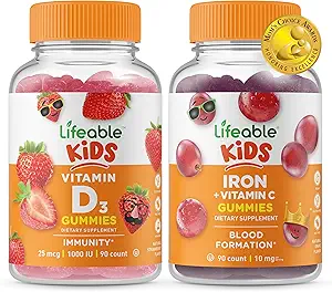Vitamina D Niños + Hierro &amp; Vitamina C Niños, Gummies Bundle - Gran Tasting, Suplemento de vitamina, Gluten Gratis, GMO Gratis, Chewable Gummy