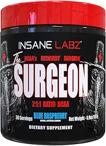 Insane Labz El Polvo de Recuperación de Surgeon BCAA - Cadena ramificada Aminoácidos Post Bebida de entrenamiento para la recuperación muscular - 30 Srvgs (30 Servimientos (Pack of 1), Blue Raspberry)