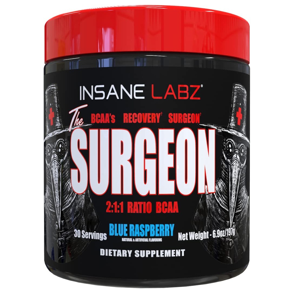 Insane Labz El Polvo de Recuperación de Surgeon BCAA - Cadena ramificada Aminoácidos Post Bebida de entrenamiento para la recuperación muscular - 30 Srvgs (30 Servimientos (Pack of 1), Blue Raspberry)