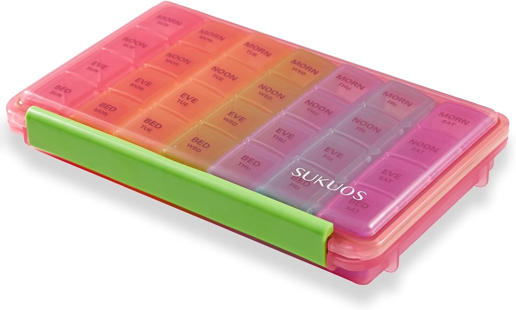 Sukuos Organizador semanal de píldoras 7 días 4 veces al día, Moisture-Resistant Grande Caja de píldoras diarias Casos de medicina para vitamina/Fish Oil/Supplements (Pink)