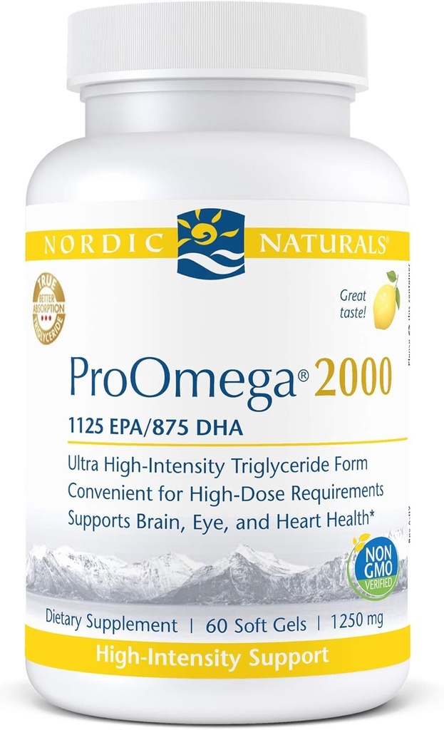 Nordic Naturals ProOmega 2000, Lemon Flavor - 2150 mg Omega-3 - 60 Soft Gels - Ultra High-Potency Fish Oil - EPA & DHA - Promueve Cerebro, Ojo, Corazón, & Immune Health - Non-GMO - 30 Servings