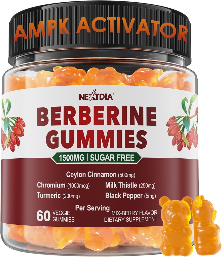 Berberine Gummies 1500mg Azúcar gratis, Suplemento de Berberina orgánica w/Ceylon Canela, Cromo, Turmeric, Leche Thistle for Metabolism Balanced, Berberine HCl de Indian Barberry Extract, Vegan 60 Cts