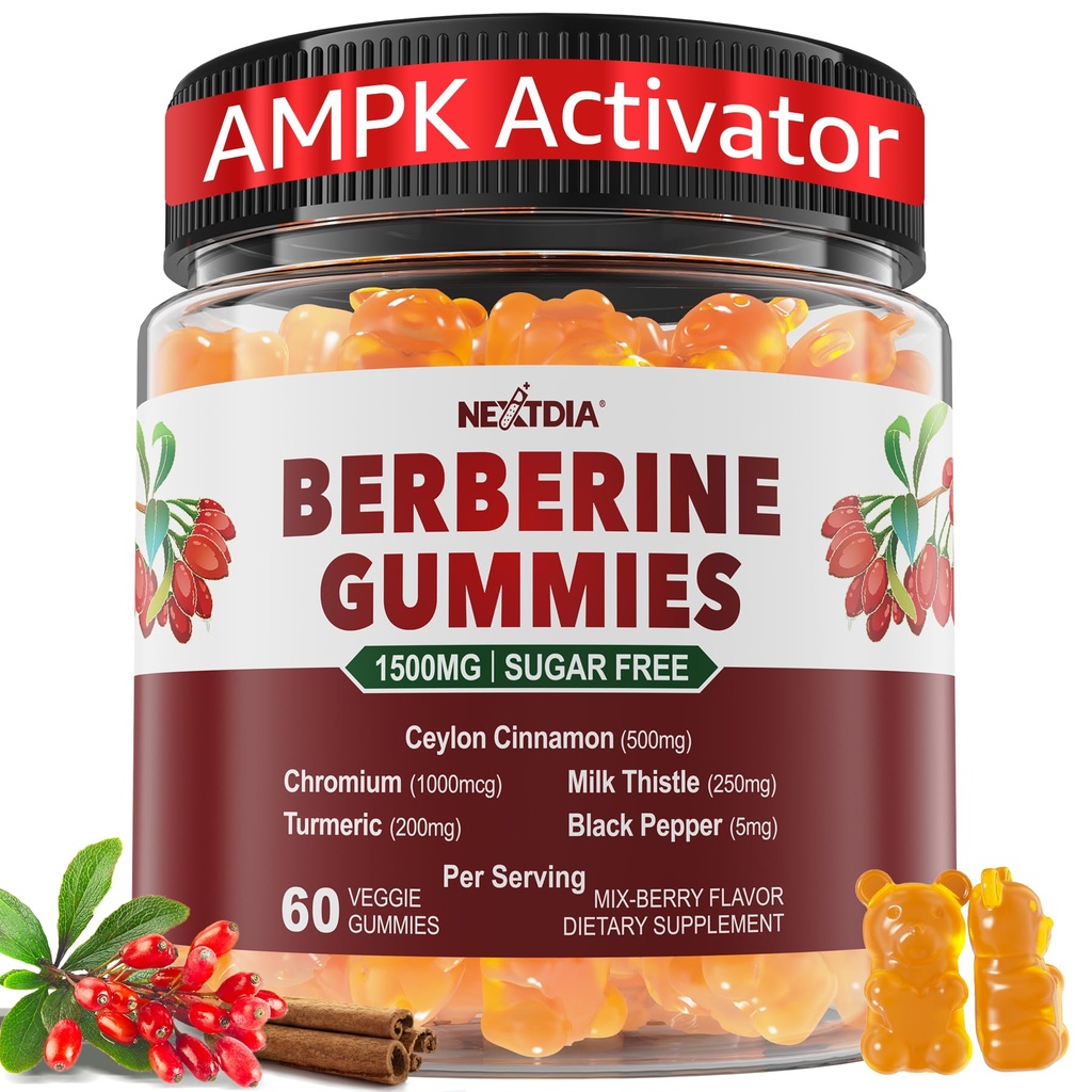 Berberine Gummies 1500mg Azúcar gratis, Suplemento de Berberina orgánica w/Ceylon Canela, Cromo, Turmeric, Leche Thistle for Metabolism Balanced, Berberine HCl de Indian Barberry Extract, Vegan 60 Cts