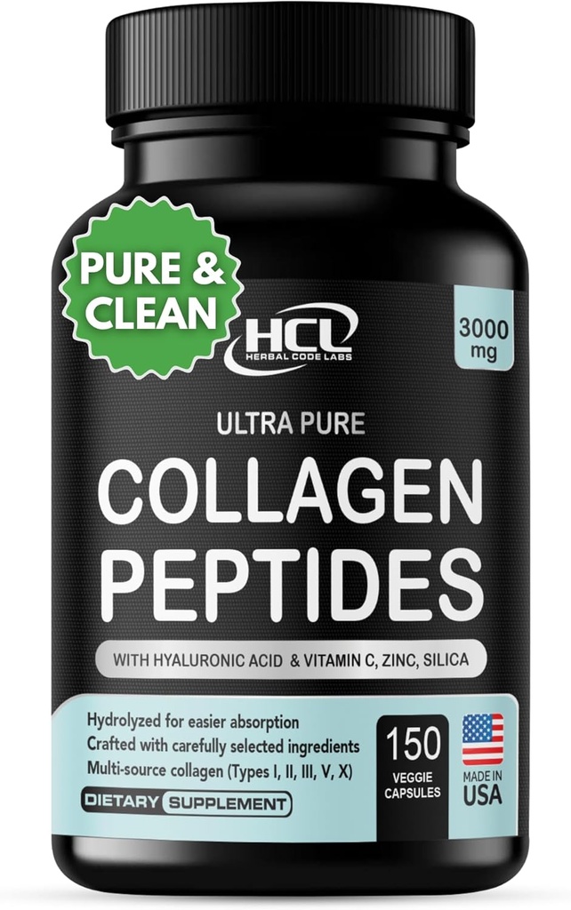 HCL HERBAL CODE LABS Collagen Peptides Polvo con vitamina C & ácido hialurónico - Fuentes más limpias Super alta absorción - Multi hidrolizado Tipo I, II, III, V, X - Suplemento de pelo de piel (Capsules)