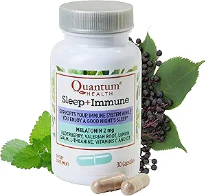 Quantum Health Sleep Immune Support Suplemento Melatonin 2mg L Theanine & Valerian Root Plus Elderberry Vitamina C &amp; D Immunity Boost - 30 cápsulas