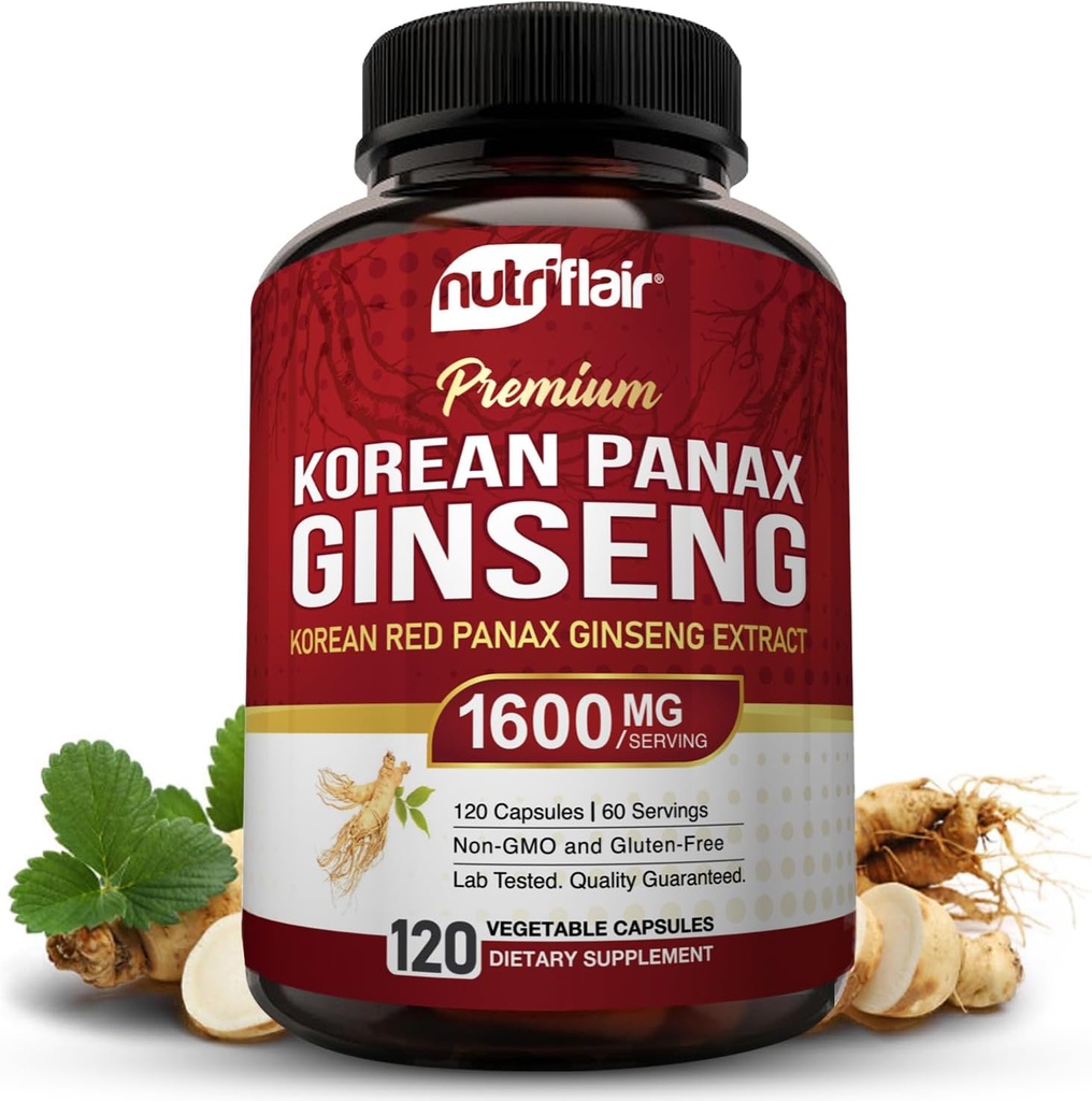 NutriFlair Coreana Red Panax Ginseng 1600mg – 120 Vegan Capsules  5% Ginsenosides ← Non-GMO, Gluten-Free ← Energía natural y apoyo en foco Silencio Made in USA