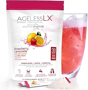 AgelessLX suplemento de polvo para mujeres - con HMB Collagen Enhancer Plus Vitamin D3 con K2, Horsetail y Biotin para el musculo magro y pelo más fuerte y uñas - 30 paquetes de polvo limonada de fresa