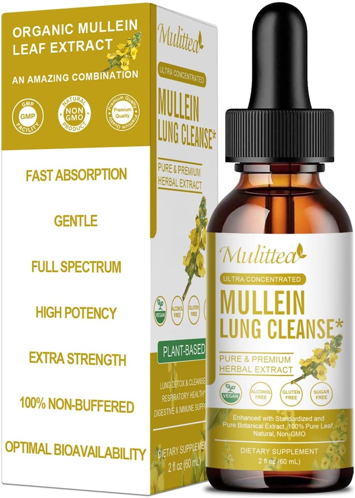 Mulittea Mullein Drops for Lungs " Lymphatic Drainage-5-in-1 Herbal Extract Liquid with Marshmallow Root, Elderberry, Licorice Root-Lung Cleanse " Respiratory Support-Non-GMO, Vegetarian-2 Fl Oz