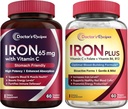 Recetas del doctor Iron 65 mg & Iron Plus Bundle, Niveles de Hierro saludables " Apoyo a la sangre, Tabletas de hierro 60 ct " Iron Capsules 60 ct