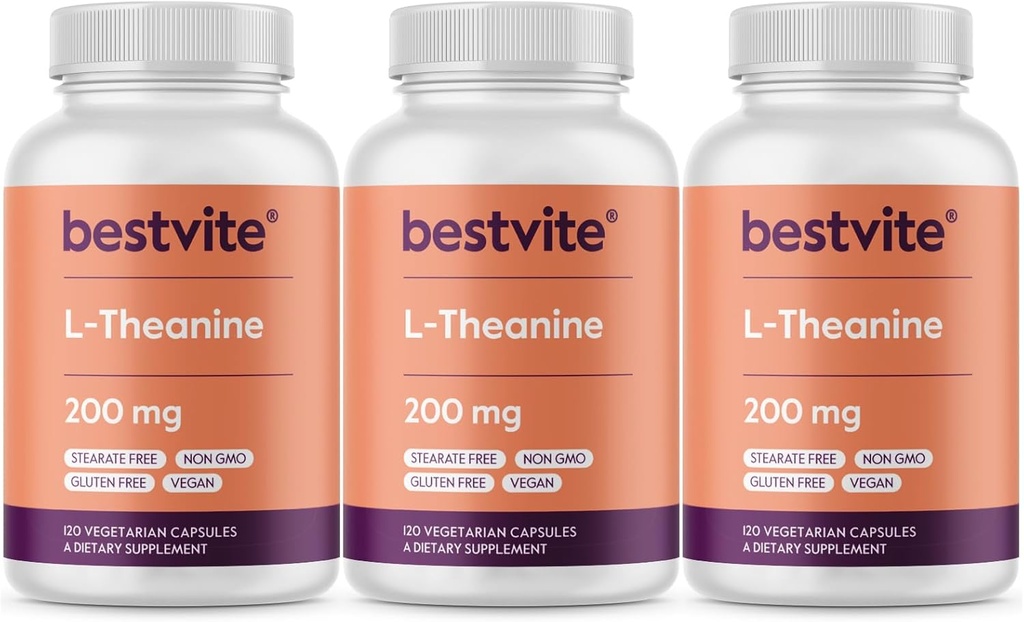 BESTVITE L-Theanine 200mg (360 cápsulas vegetarianas) (120 x 3) - No Stearates - Vegan - No GMO - Gluten Gratis