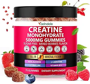 Adndale Creatine Monohydrate Gummies for Men &amp; Women, 5000mg por Serving Creatine Supplement with Beta-Alanine, L-Citrulline &amp; B12 - 75 Vegan Gummies. Libre de azúcar