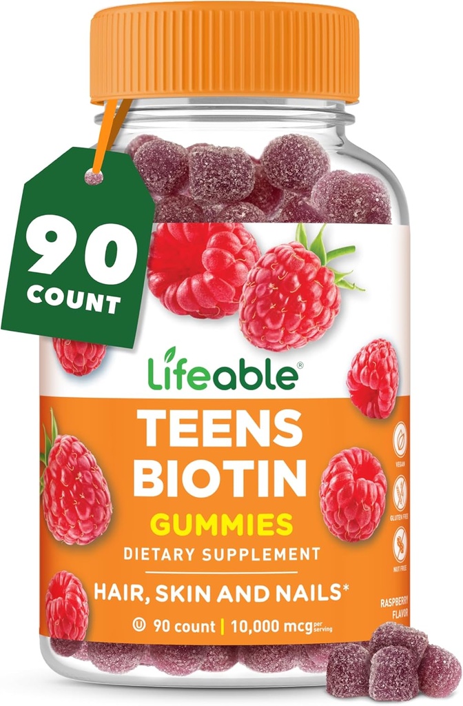 Adolescentes vitales Biotina 10000mcg Gummies ← Vitamina B7 ← Vegan Biotina Suplemento TEN Gran Tasting Biotina Gummies for Hair Growth, Healthy Skin and Nails ← Vitaminas Biotina para Adolescentes