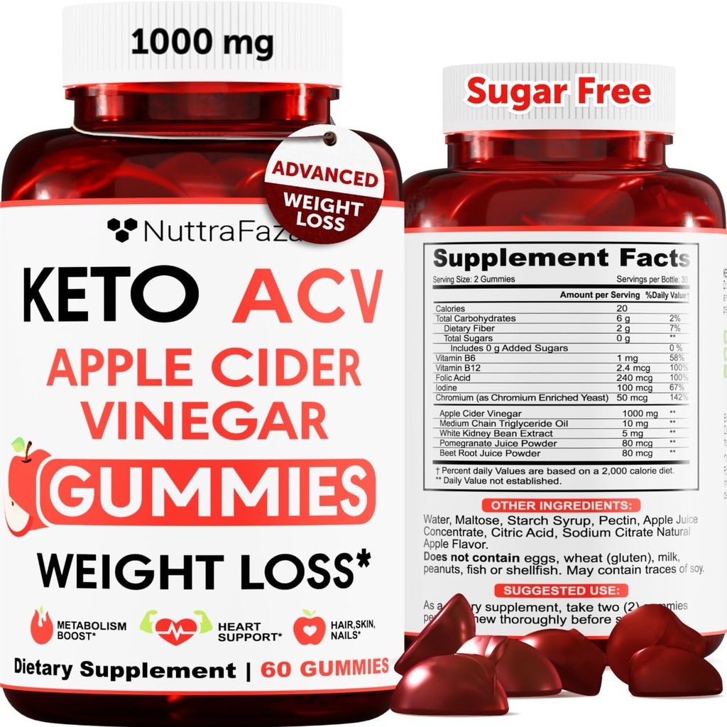 Keto ACV Gummies Advanced Weight Pérdida - ACV Keto Gummies for Weight Pérdida de Mujeres y Hombre - Keto Gummies Suplemento - Detox &amp; Cleanse, Digestion - Apple Cider Vinegar - Apple Flavor