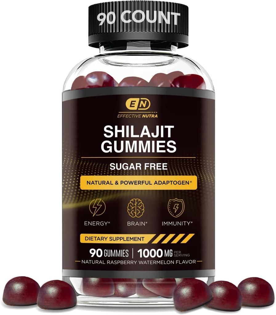 EFFECTIVE NUTRA Shilajit Gummies 1000mg ← Pure Shilajit Resin for Energy, Brain &amp; Immunity tención Suplemento para Hombres &amp; Mujeres ← Vida libre de azúcar, Vegan, libre de gluten para la vida natural de Berry Flavor, Made in USA (90ct)