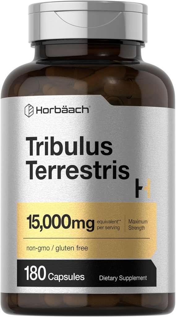 Horbäach Tribulus Terrestris for Men 15000mg ← 180 Capsules  Maximum Strength ← Non-GMO, Gluten Free Extract Supplement