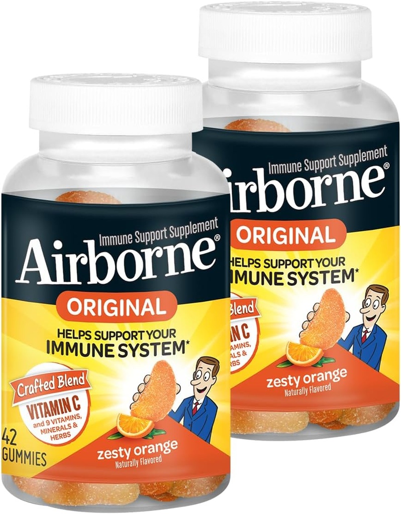 Airborne 750mg Vitamina C Immune Support Suplemento Gummies for Adults, Zesty Orange Flavor, Gluten Free Crafted Blend with Powerful Antioxidants Vitaminas C &amp; E, 42 Gummies (2 Pack)