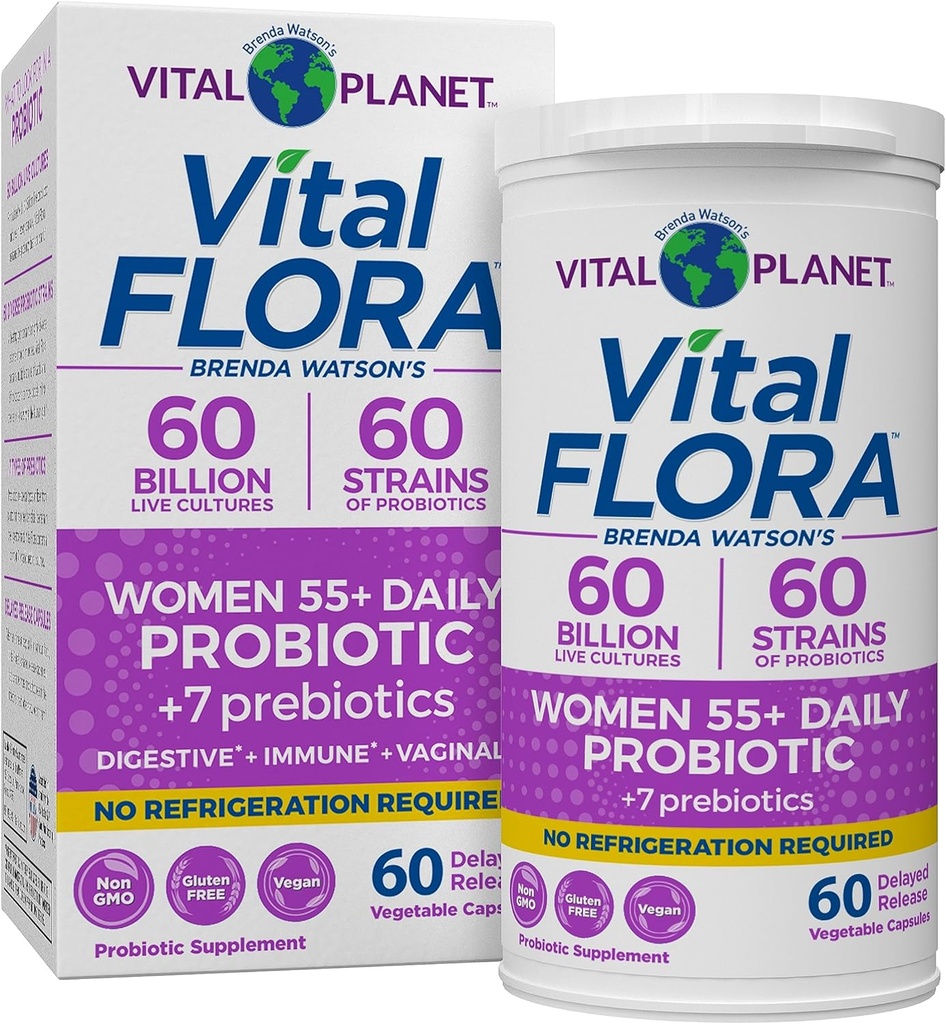 Planeta Vital - Probióticos de Flora Vital para Mujeres Más de 55 Estante Estable Probiótico 60 Billones CFU, 60 Strains Diversos, 7 Prebióticos Orgánicos, Apoyo Inmunitario y Salud Digestiva 60 cápsulas